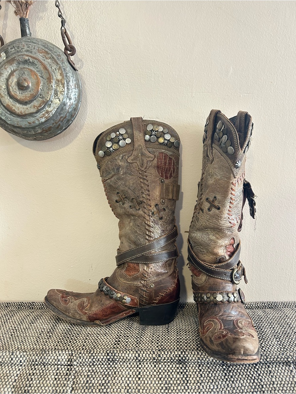 Double D Ranch Frontier Brown and Tan Studded Cowboy Boots - 7.5